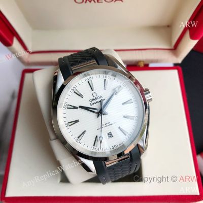 High Quality Replica OMEGA Seamaster Aqua Terra 150M Black Strap White Curved Face Dial Silver Case Watch 41.5mm